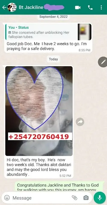 whatsApp testimony showing successful conception